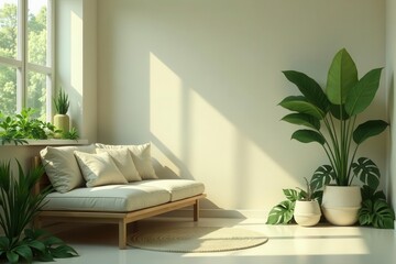 Serene Minimalist Living Room Interior Design with Natural Light and Lush Greenery