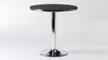 A round bar table with a polished chrome pedestal base and a matte black tabletop