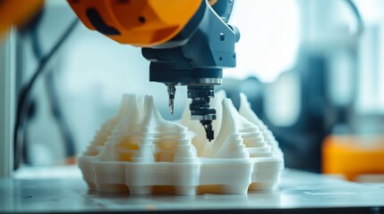 A robotic arm in a 3D printing workshop, assembling complex prototypes with AI precision for rapid prototyping, Prototyping-tech style