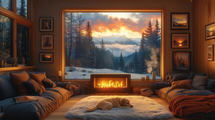 cozy living room with soft watercolor strokes, a glowing fireplace casting gentle light, minimalist design with furry carpet and a soft sofa, window showing a peaceful forest under overcast skies