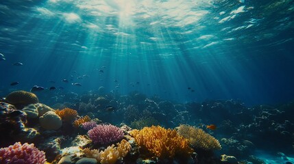 Obraz premium Sunlight filters through tranquil blue waters over vibrant coral reefs habitat