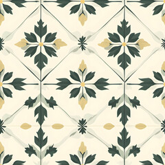 A decorative tile pattern featuring floral designs in green, yellow, and beige hues.
