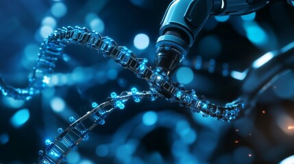 A robotic arm in a biotechnology research facility, assembling high-precision DNA sequencers with AI precision for gene sequencing, Bio-tech style