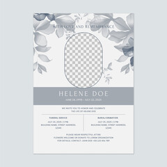 Floral funeral service invitation template features a translucent floral design and an oval placeholder for a photo on a soft gray background. The overall tone is somber and respectful