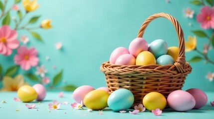 Naklejka premium Pastel-colored eggs in a wicker basket surrounded by delicate spring blossoms on a serene aqua background, a delightful springtime scene.