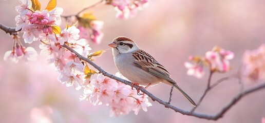 Elegant portrayal of a sparrow perched amidst the delicate blossoms of spring