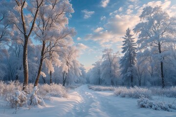 Fototapeta premium Enchanting Winter Wonderland in a Snowy Forest Beneath a Clear Blue Sky