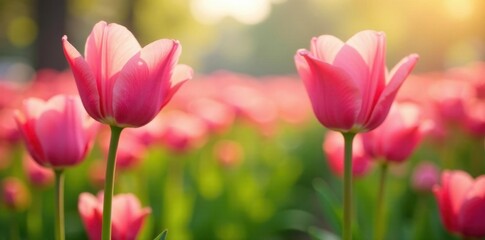 Obraz premium A Field of Delicate Pink Tulips Basking in the Warm Glow of the Setting Sun