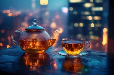 Glass Teapot and Cup of Tea Overlooking Cityscape at Night