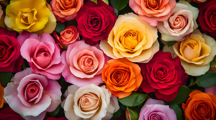 Naklejka premium A vibrant arrangement of various roses in different colors, showcasing natural beauty.