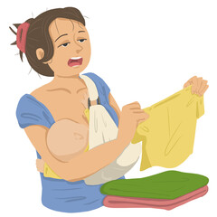 Mother breastfeeding while folding clothes