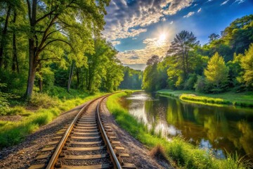 Obraz premium Serene River Reflections Beside a Tranquil Railroad Track Winding Through Lush Green Foliage Under a Sunny Sky