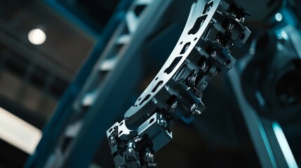 Fototapeta premium A robotic arm in a heavy duty industrial plant, assembling metal components with AI precision for construction machinery, Industrial-tech style
