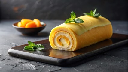 Delightful Yellow Cake Roll Garnished with Fresh Mint on a Dark Serving Board