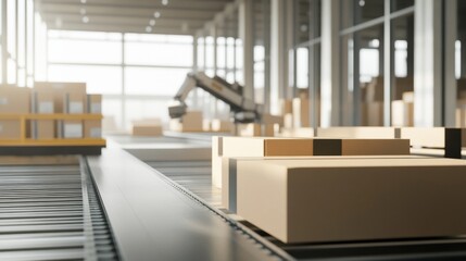 A robotic arm in a high speed packaging facility, assembling packaging systems for e-commerce with AI precision, E-commerce-tech style