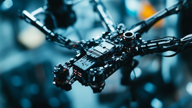 A robotic arm in a high tech drone manufacturing lab, assembling drone flight controllers with AI precision for aerial technology, Drone-tech style