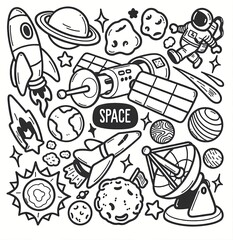 Space stickers hand drawn doodle coloring vector