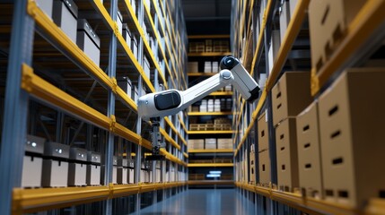 A robotic arm in a high tech logistics center, assembling automated storage and retrieval systems with AI precision for supply chain management, Logistics-tech style