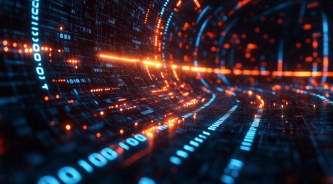 Futuristic digital technology background with binary code and light rays