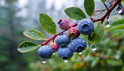 A close-up of vibrant blueberries clinging to a tree branch after a refreshing rain shower. 