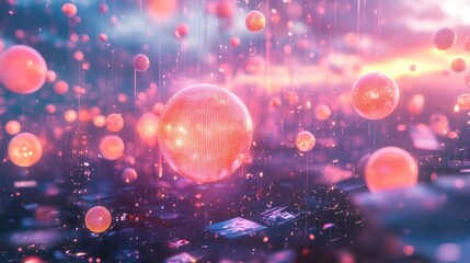 Floating spheres over city at sunset