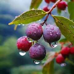 A close-up of vibrant blueberries clinging to a tree branch after a refreshing rain shower. 