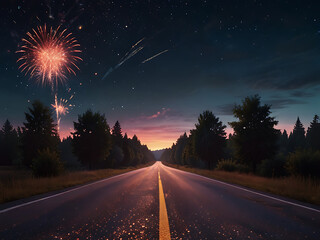 A scenic view of an empty road leading towards the sunset with firework. The road stretches into the distance, framed by trees, and a colorful firework illuminates the night sky. 