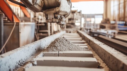 A robotic arm in a highly automated cement factory, assembling cement block production lines with AI precision for construction efficiency, Construction-tech style