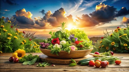 Sunset Garden Bounty Vibrant Salad Bowl with Fresh Greens, Edible Flowers, and Ripe Vegetables on Rustic Wooden Table