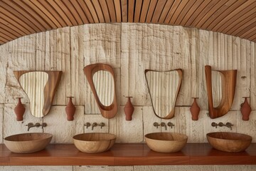 A stylish bathroom design featuring wooden sinks and uniquely shaped mirrors against a textured stone wall.