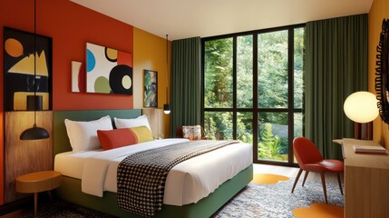Fototapeta premium Modern bedroom design in vibrant colors cozy retreat home decor nature view interior concept