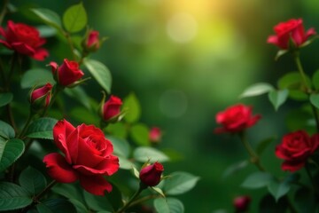 Lush Red Roses Blooming in a Vibrant Garden Setting with Soft Sunlight
