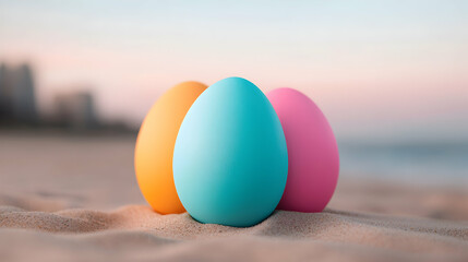 Obraz premium Pastel Easter Eggs on Sandy Beach at Sunrise