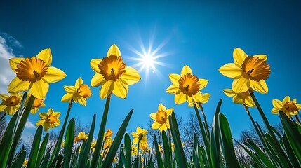 Looking Up at Bright Yellow Daffodils Against a Sunny Blue Sky