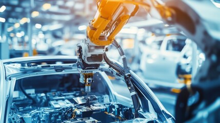 A robotic arm in a next gen automotive factory, assembling autonomous car parts with AI precision for self-driving vehicles, Auto-tech style
