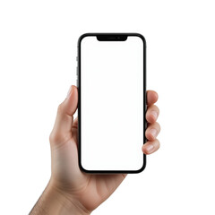 Hand holding a smartphone with blank screen for communication and business technology