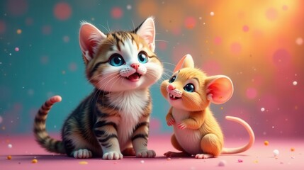 A whimsical depiction of an adorable kitten and a friendly mouse, sharing a delightful moment together on a pink background, surrounded by colorful confetti.