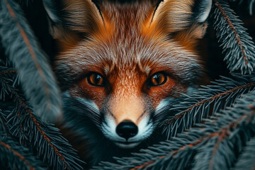 Fototapeta premium Intense gaze of a red fox peering from behind the cover of pine branches