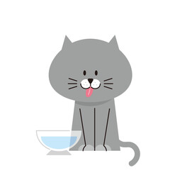水を飲もうと舌を出すグレーの猫のイラスト