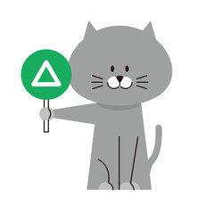 三角の札を持ったグレーの猫のイラスト