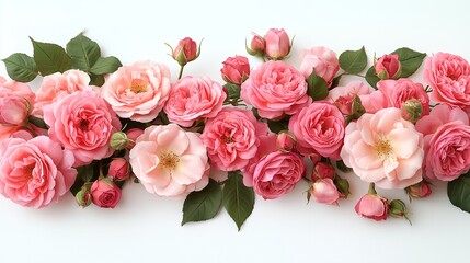 A delicate cascade of blush pink roses, blooming in gentle profusion against a pristine white background, showcasing their soft petals and lush greenery.