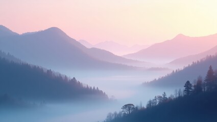 Obraz premium Dawn's light paints a blue and orange horizon where mountain peaks pierce morning fog