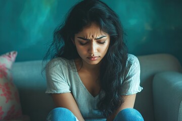Young Indian woman sit on sofa with eyes closed, looks stressed and worried, going through difficult emotional moment or deep in thought about troubling life situation. Break-up, separation or divorce