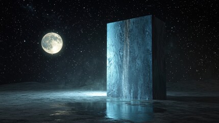 A floating monolith beside a glowing waterfall, stars bouncing off its surface, moon glowing from behind