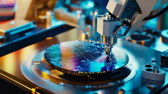 A robotic arm in a semiconductor factory, assembling wafer testing equipment with AI precision for high-performance chip manufacturing, Semiconductor-tech style