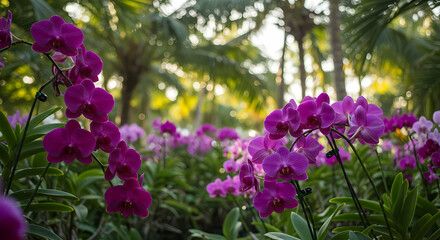 Fototapeta premium Beautiful Vibrant Pink And Purple Orchids In A Tropical Garden