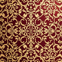 Ornate wallpaper design featuring intricate gold patterns on a rich red background.