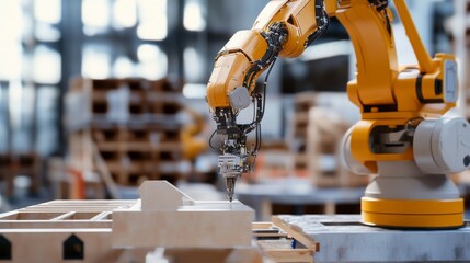 Fototapeta premium A robotic arm in a smart construction site, assembling modular building components with AI precision for efficient housing, Construction-tech style