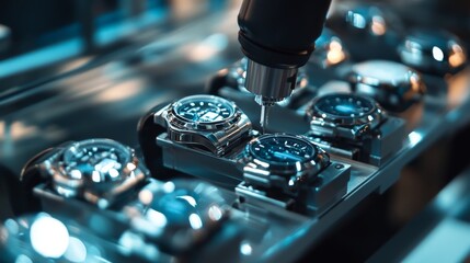 A robotic arm in a smart electronics factory, assembling smart watches with AI precision for wearable technology, Wearable-tech style