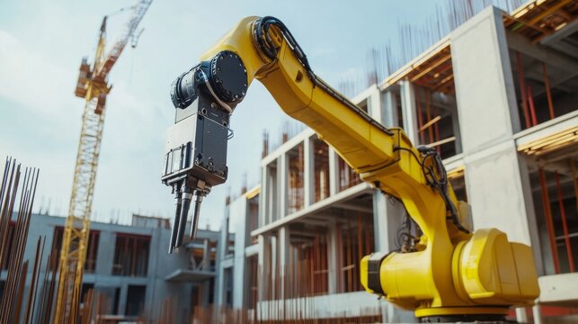 A robotic arm in a smart construction site, assembling modular building components with AI precision for efficient housing, Construction-tech style